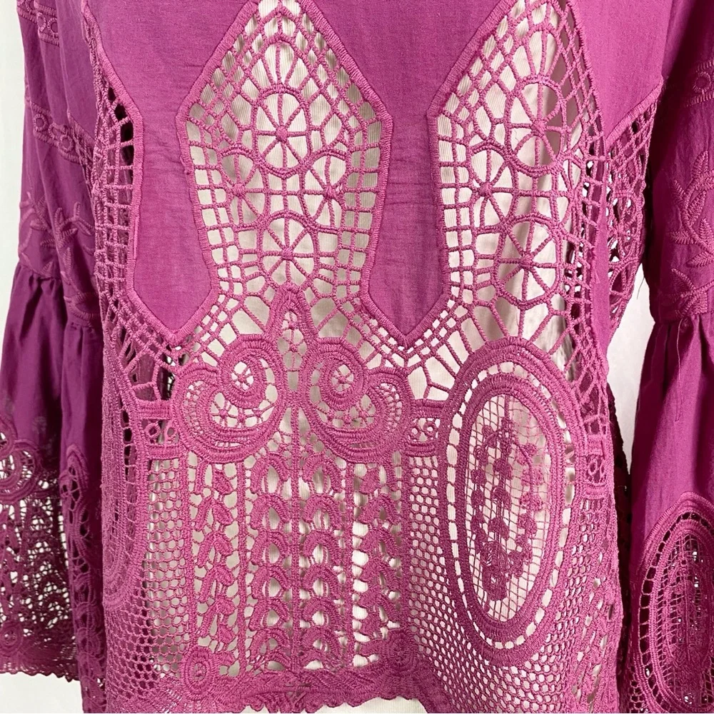 Anthropologie Chloe Oliver Purple Bell-Sleeve Lace Pullover Top Med